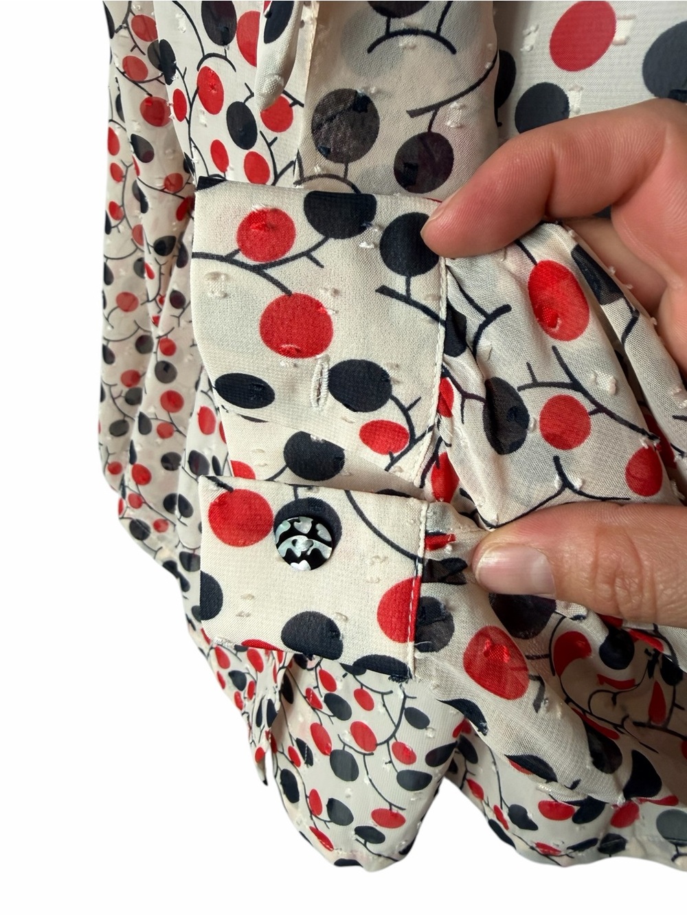 Sheer Blush/Tan With Red And Black Bettie Page By Tatyana Blouse Size Large - Picture 2 of 8